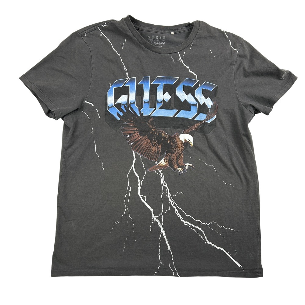 GUESS Shirt Mens Large Eagle Lightning Rock Band Graphic Tee Gray Vintage‎